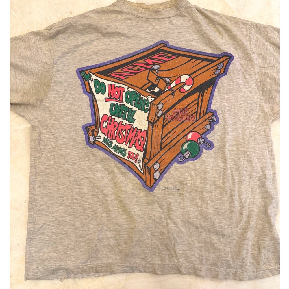 Vintage 1994 Looney Tunes Tasmanian Devil Christmas T-Shirt Sun Sportswear Gray